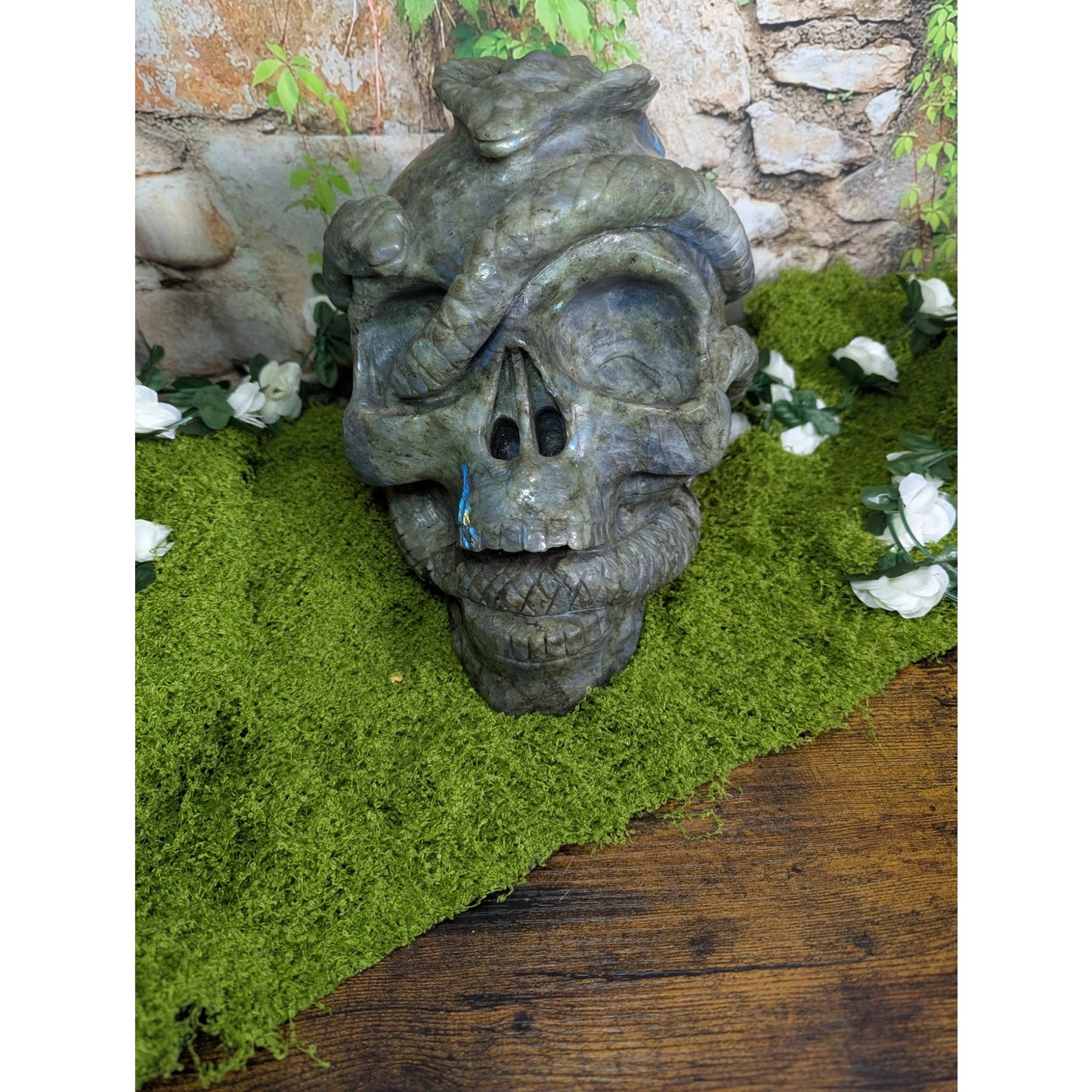 Massive Labradorite Skull with Cobra Blue Flash Crystal Statement Piece Goth