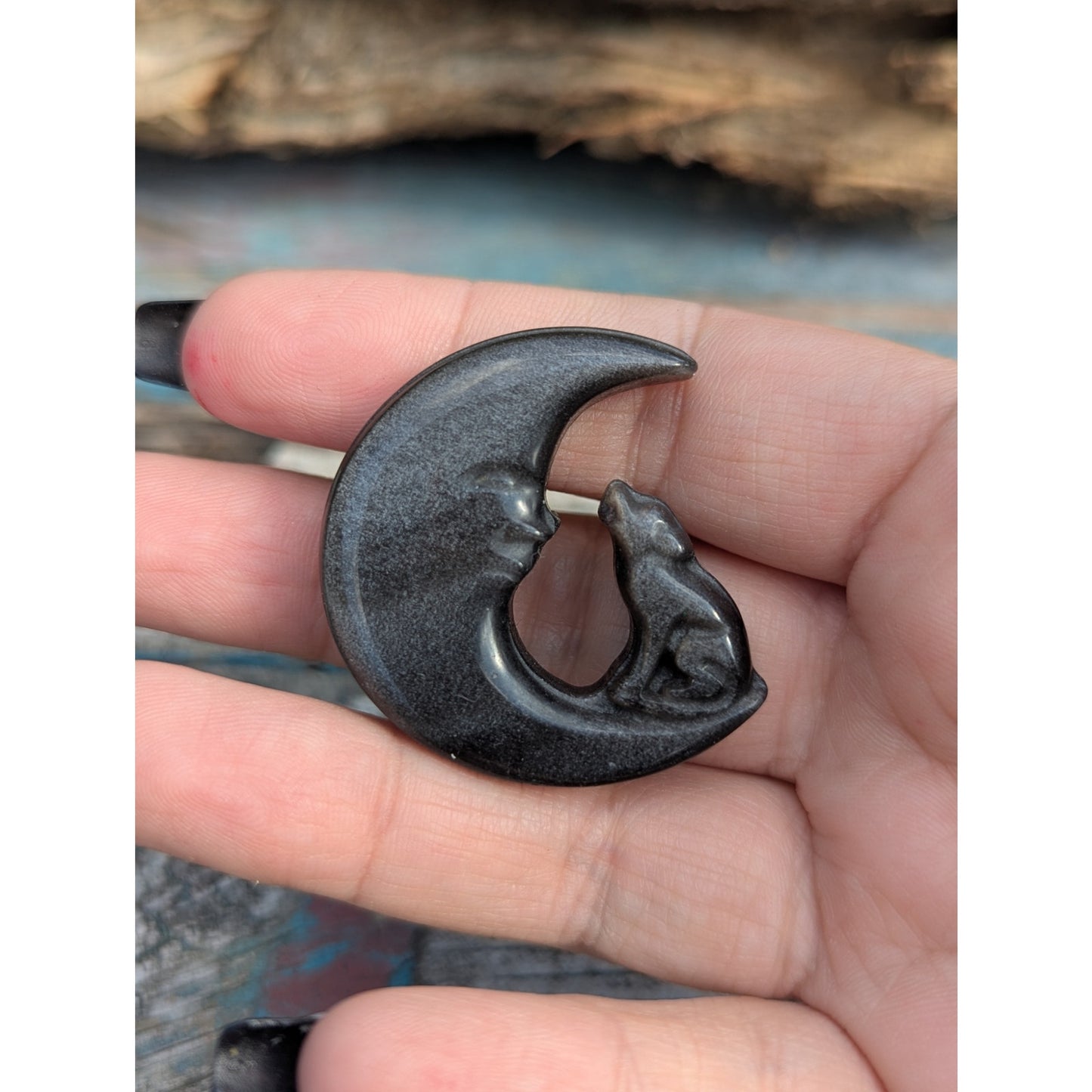 Silver Sheen Obsidian Howling Wolf on Moon Viking Norse Protection Witch