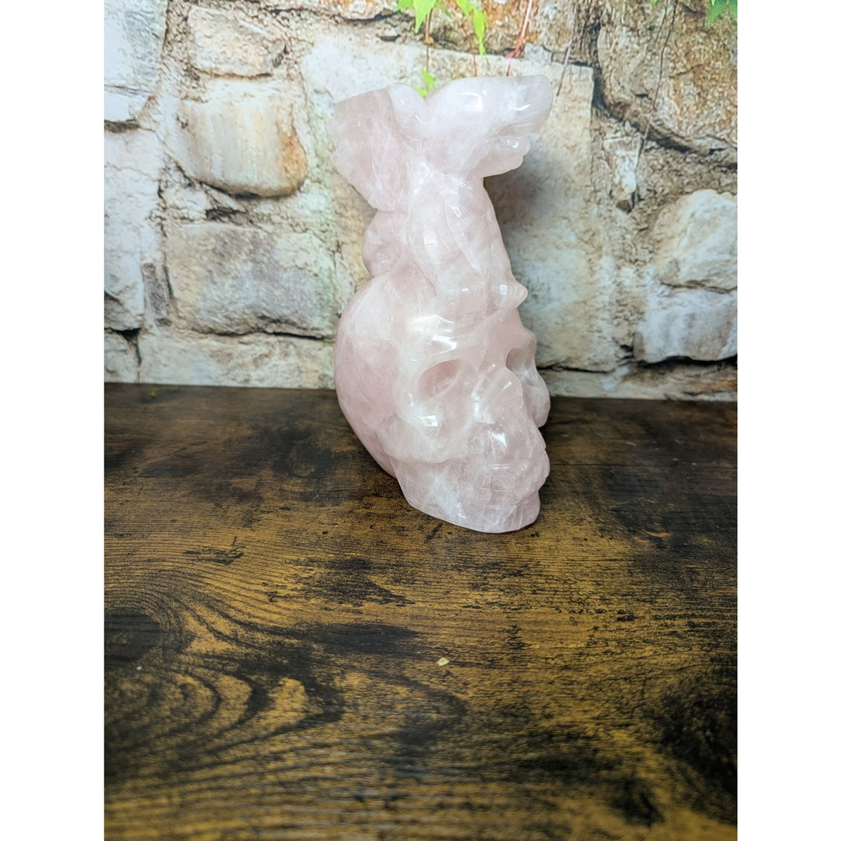 Statement Sized Gargoyle on Skull Rose Quartz crystal carving decoration witch