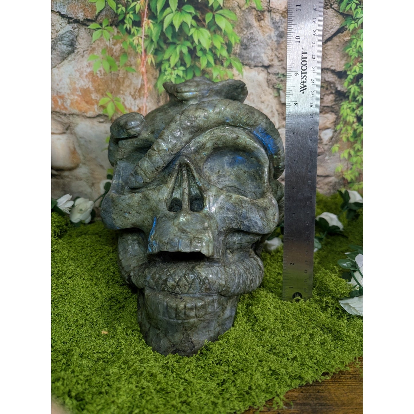 Massive Labradorite Skull with Cobra Blue Flash Crystal Statement Piece Goth