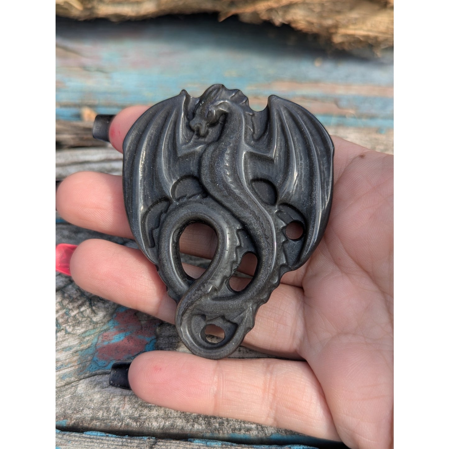 Silver Sheen Obsidian Dragon Carving Protection Witchy Goth Crystal Altar