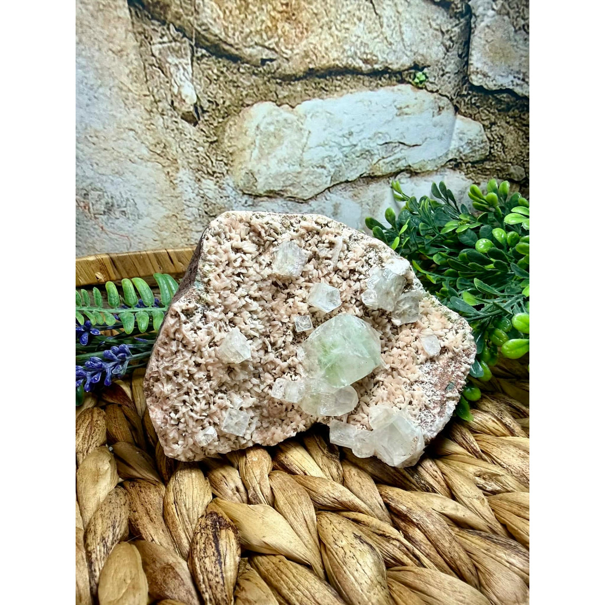 Pink Stilbite with Large Green Druzy Apophyllite Cabinet Specimen Crystal