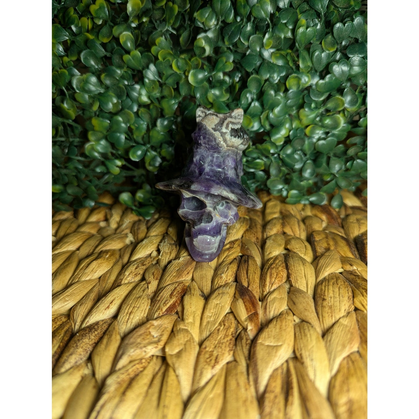 Chevron Amethyst Witch Skull With Cat Crystal Carving Purple Dream Halloween