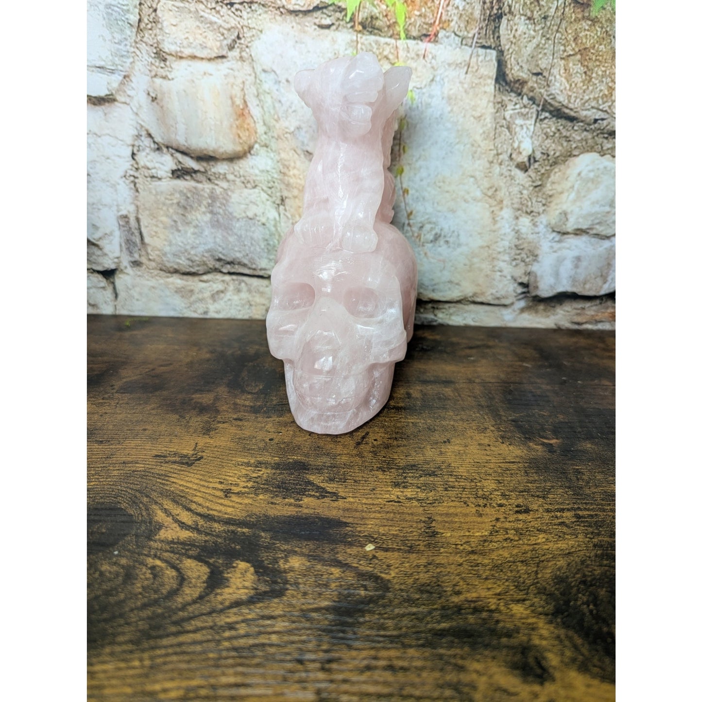 Statement Sized Gargoyle on Skull Rose Quartz crystal carving decoration witch