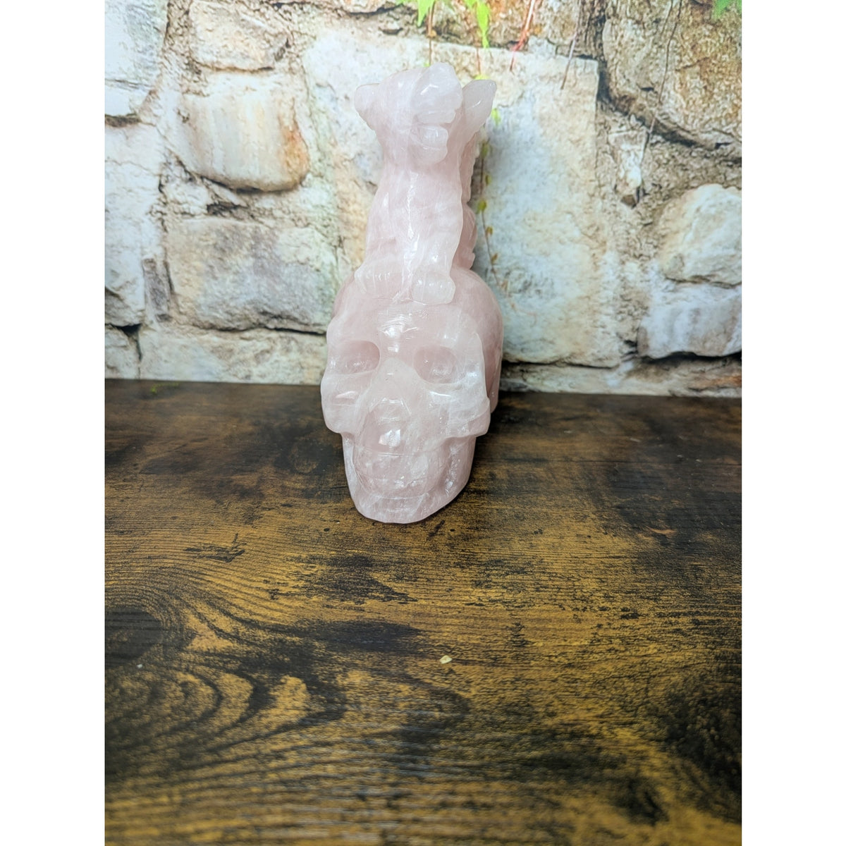 Statement Sized Gargoyle on Skull Rose Quartz crystal carving decoration witch