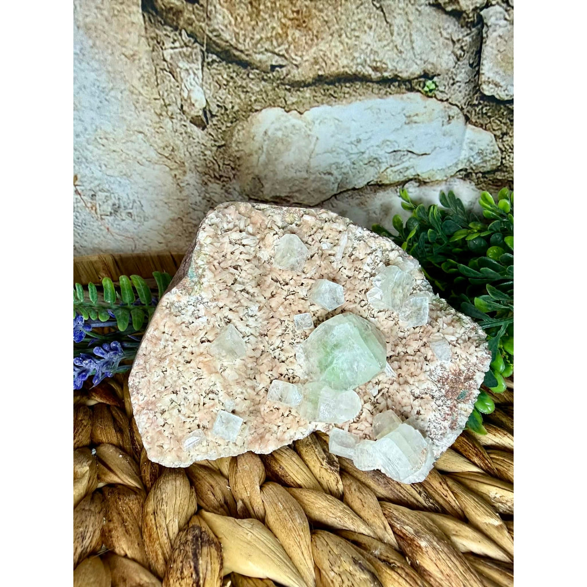 Pink Stilbite with Large Green Druzy Apophyllite Cabinet Specimen Crystal
