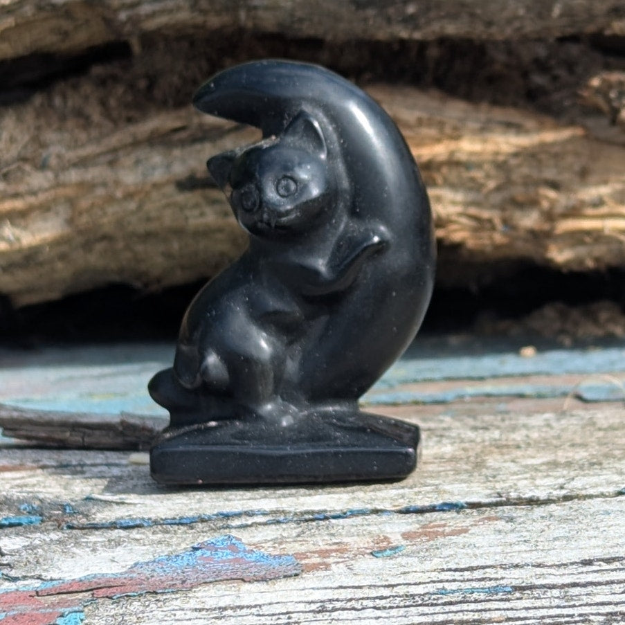Witchy Black Obsidian Cat on Moon Crystal Bewitched Familiar Goth Talisman