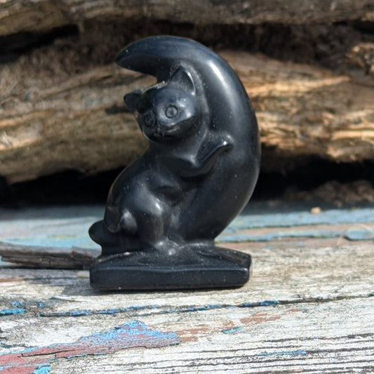Witchy Black Obsidian Cat on Moon Crystal Bewitched Familiar Goth Talisman