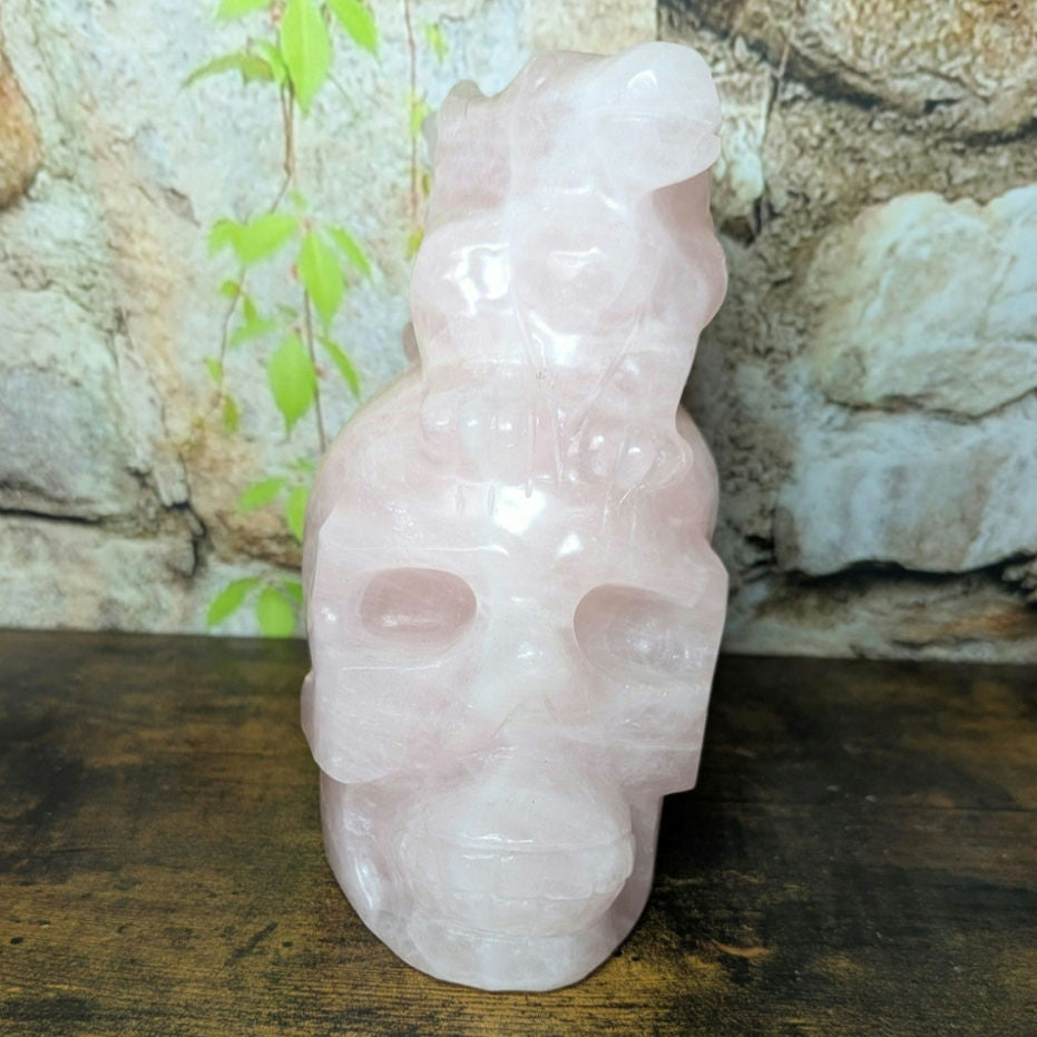 Statement Sized Gargoyle on Skull Rose Quartz crystal carving decoration witch