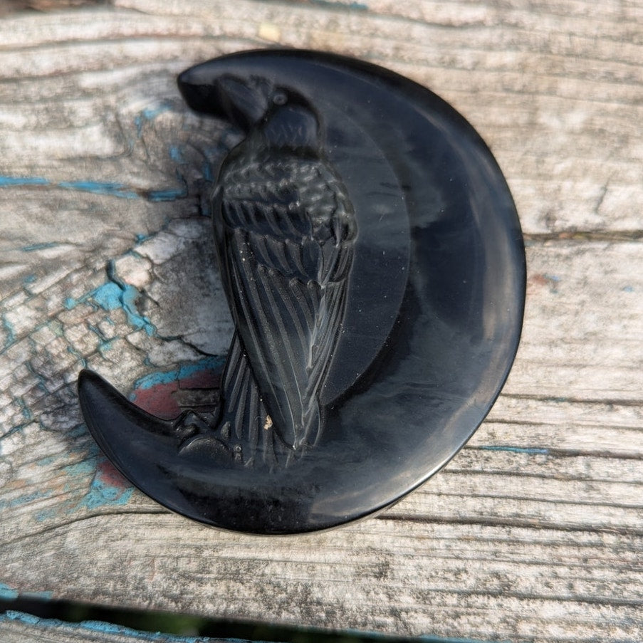 Rainbow Obsidian Raven On Moon Protection Crystal Viking Norse Odin Witch Goth