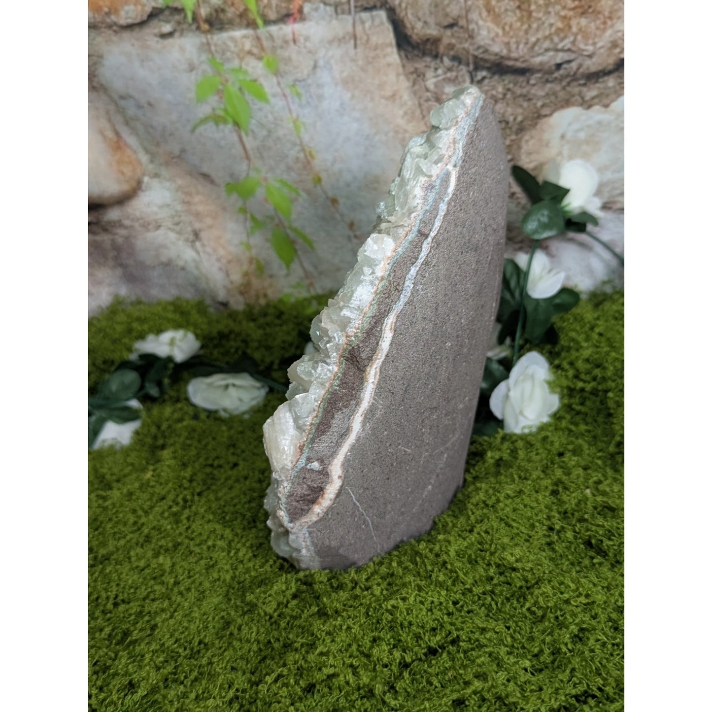 Green and Pink Apophyllite Druzy Specimen India Crystal Cabinet with Stilbite