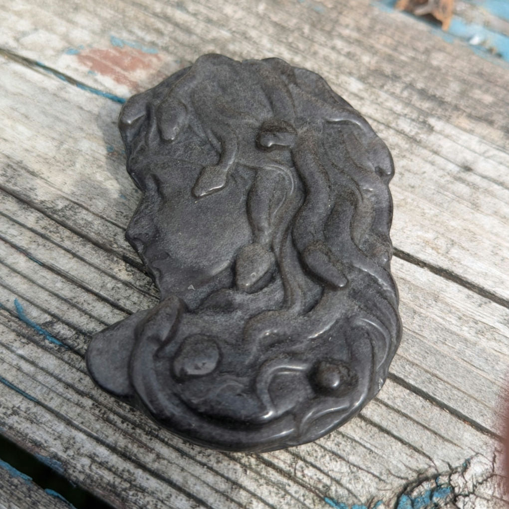 Silver Sheen Obsidian Medusa Head Crystal Carving Metaphysical Protection