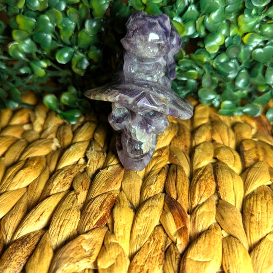 Chevron Amethyst Witch Skull With Cat Crystal Carving Purple Dream Halloween