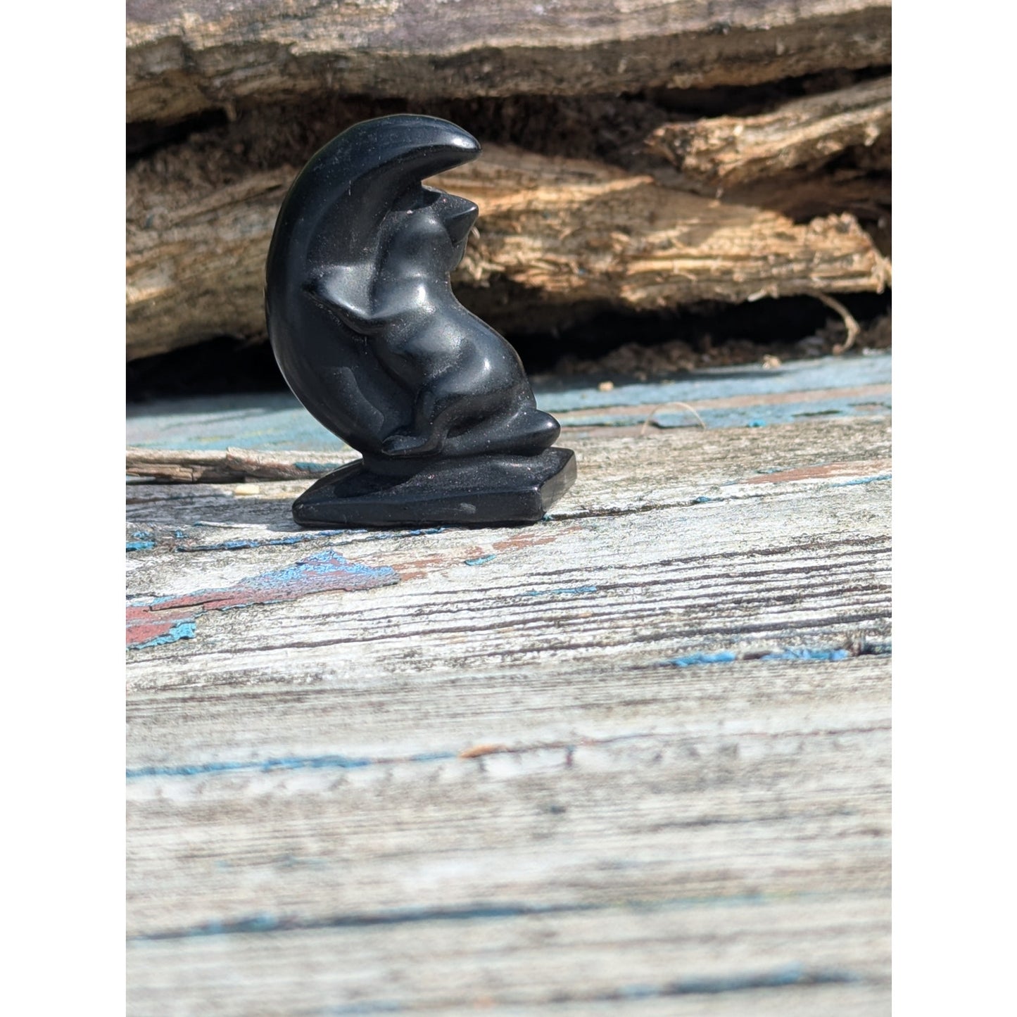 Witchy Black Obsidian Cat on Moon Crystal Bewitched Familiar Goth Talisman