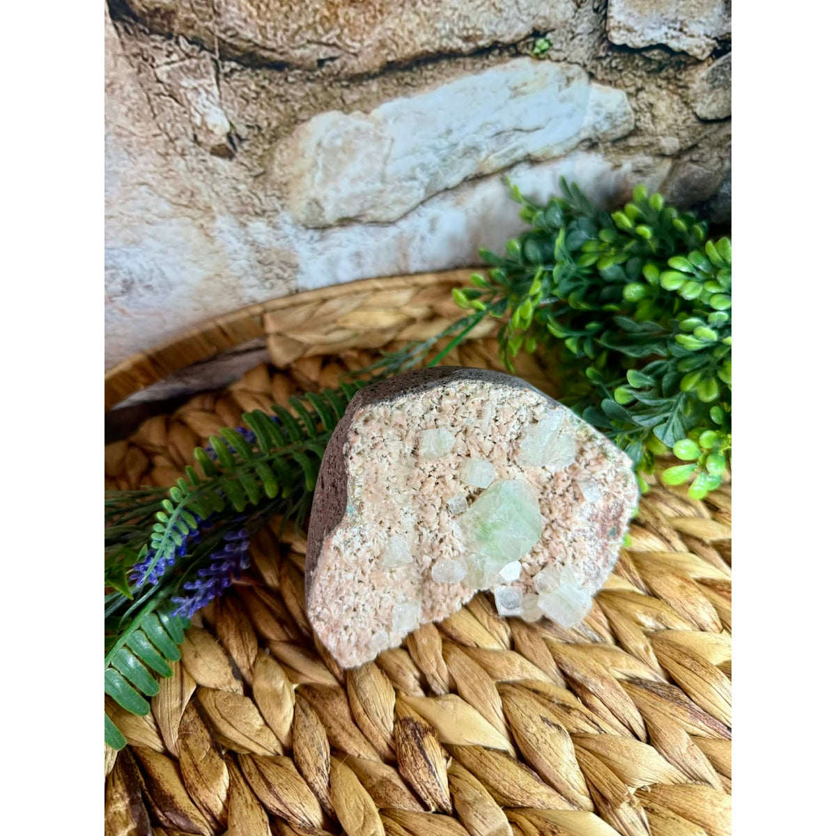 Pink Stilbite with Large Green Druzy Apophyllite Cabinet Specimen Crystal