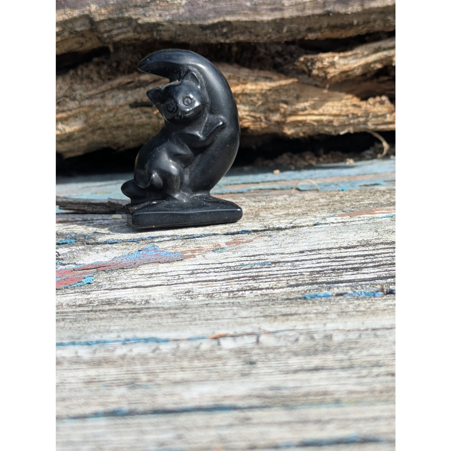 Witchy Black Obsidian Cat on Moon Crystal Bewitched Familiar Goth Talisman