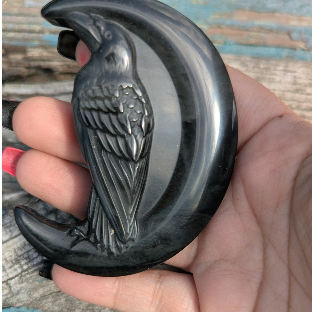Rainbow Obsidian Raven On Moon Protection Crystal Viking Norse Odin Witch Goth