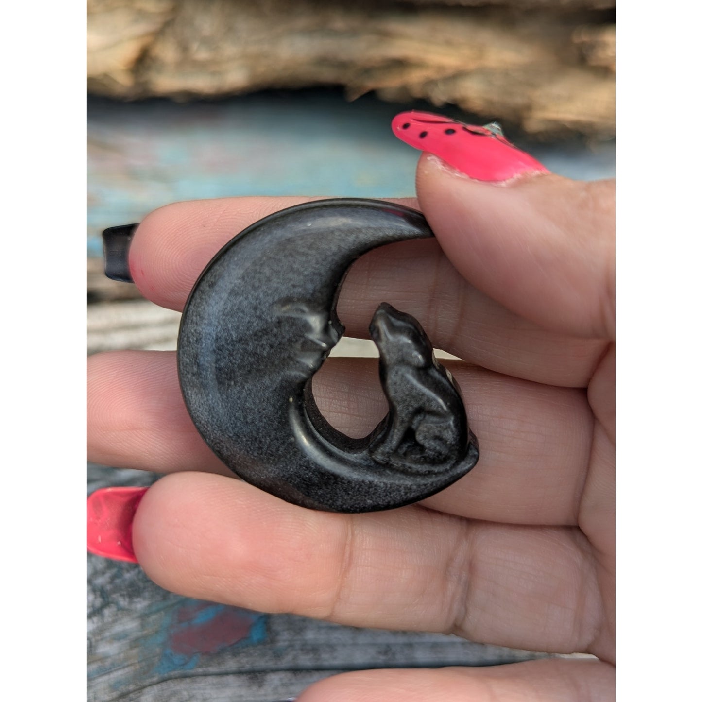 Silver Sheen Obsidian Howling Wolf on Moon Viking Norse Protection Witch