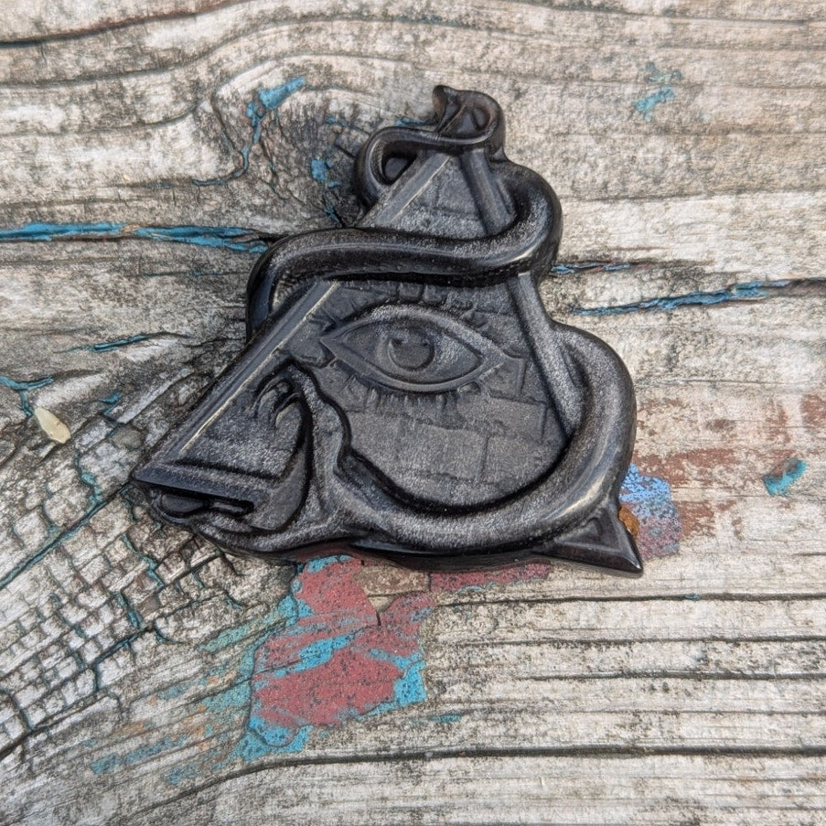 Silver Sheen Obsidian Carving Snake Eye Of Horace Pyramid Egyptian Protection