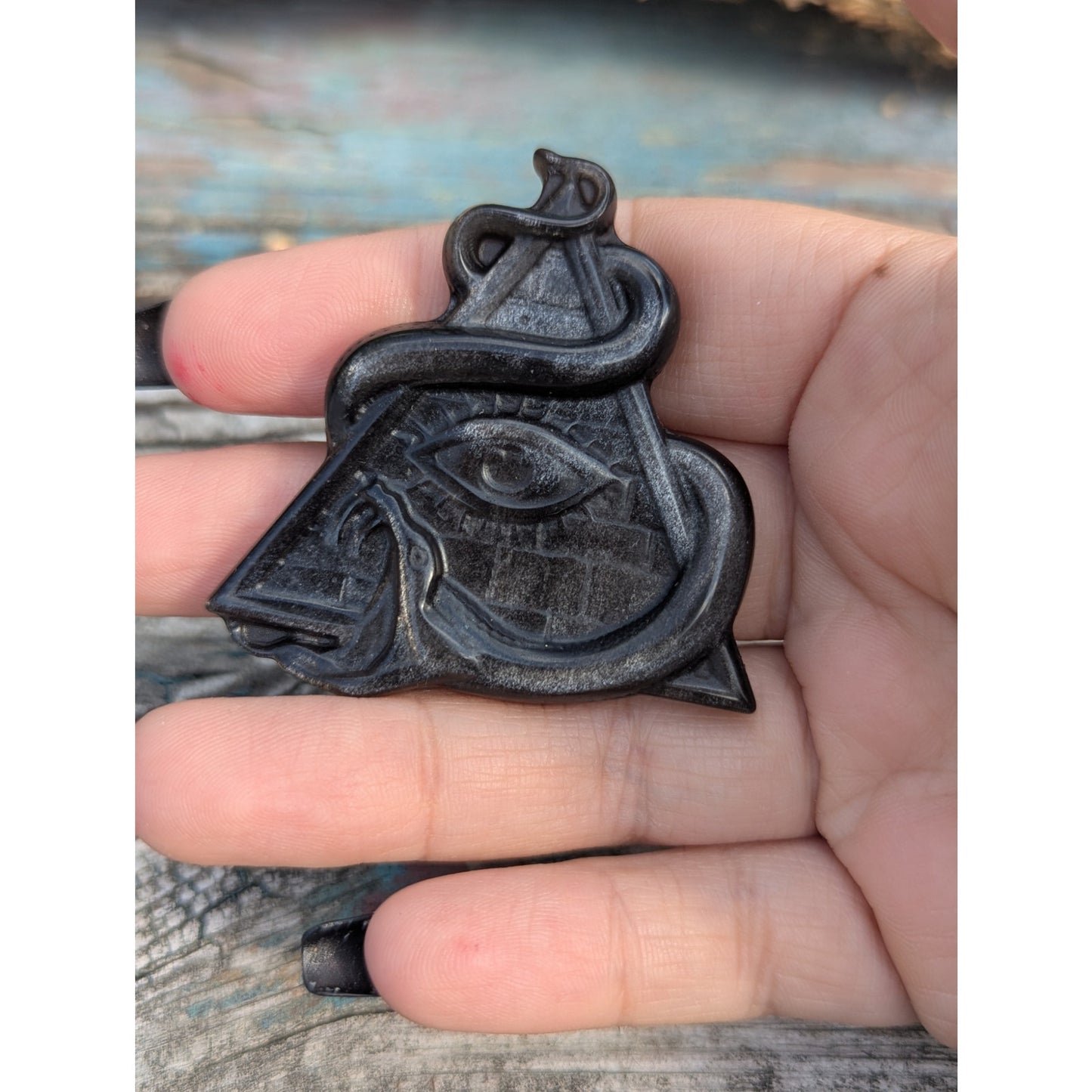 Silver Sheen Obsidian Carving Snake Eye Of Horace Pyramid Egyptian Protection