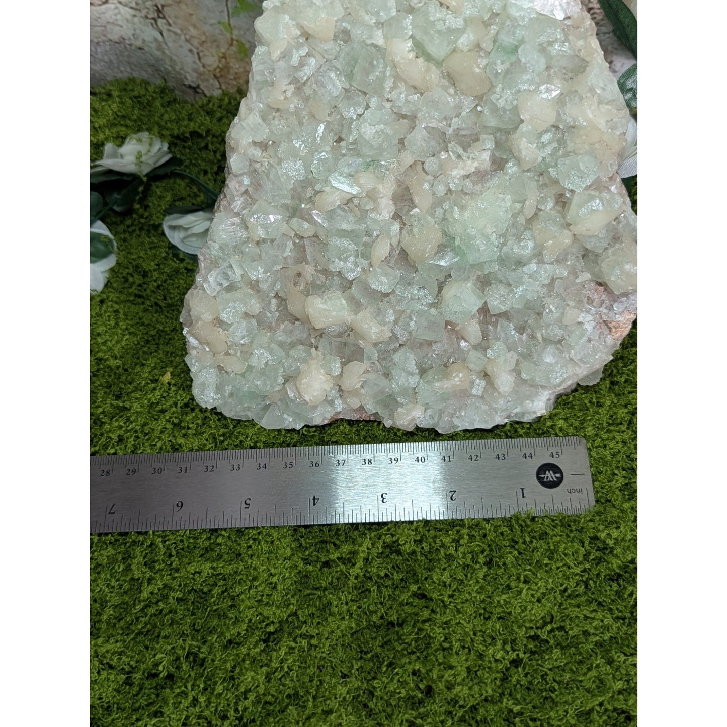 Green and Pink Apophyllite Druzy Specimen India Crystal Cabinet with Stilbite
